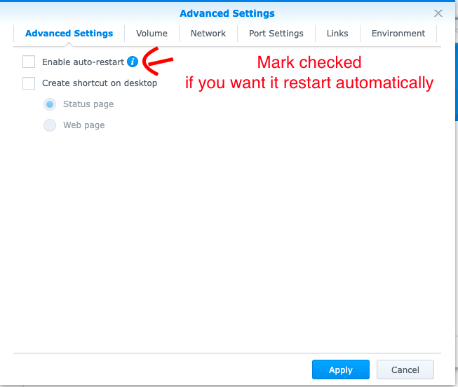 Setup container 2 - Advanced settings tab