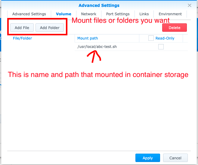 Setup container 4 - Volume tab after adding some file or folder