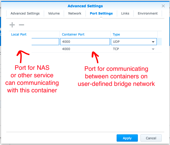 Setup container 6 - Port settings tab