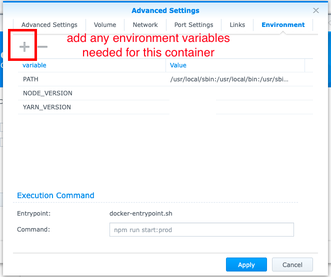 Setup container 8 - Environment tab