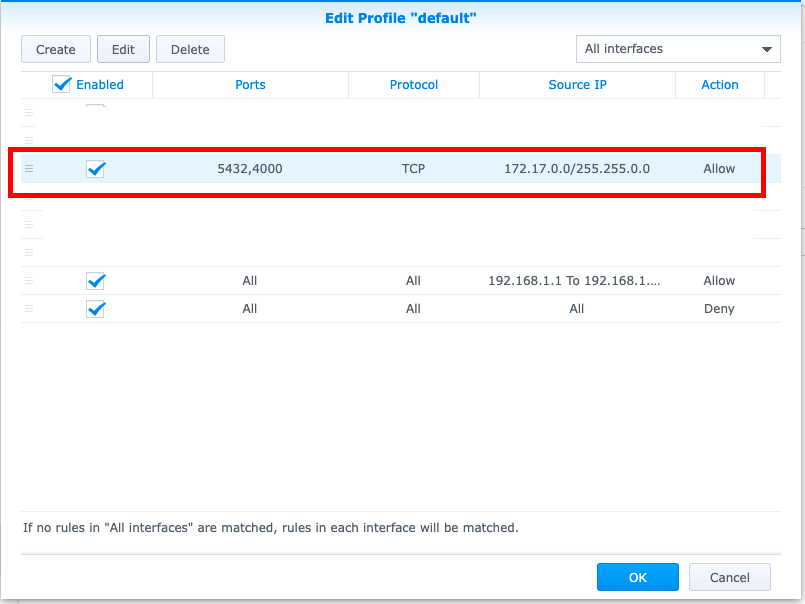 NAS firewall rule for intercommunication between containers