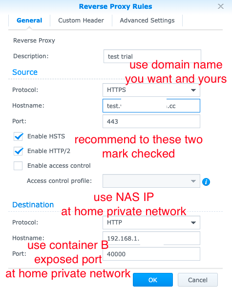 Create a reverse proxy record for container B